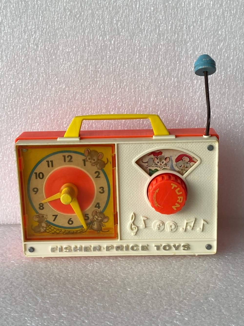 1970s Vintage Fisher-Price Music Box Clock Radio Toy Made in Switzerland